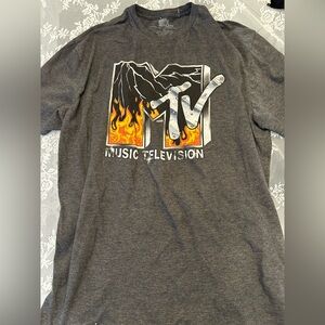 Grey MTV Music Television graphic tee with bold flames and "MTV" text